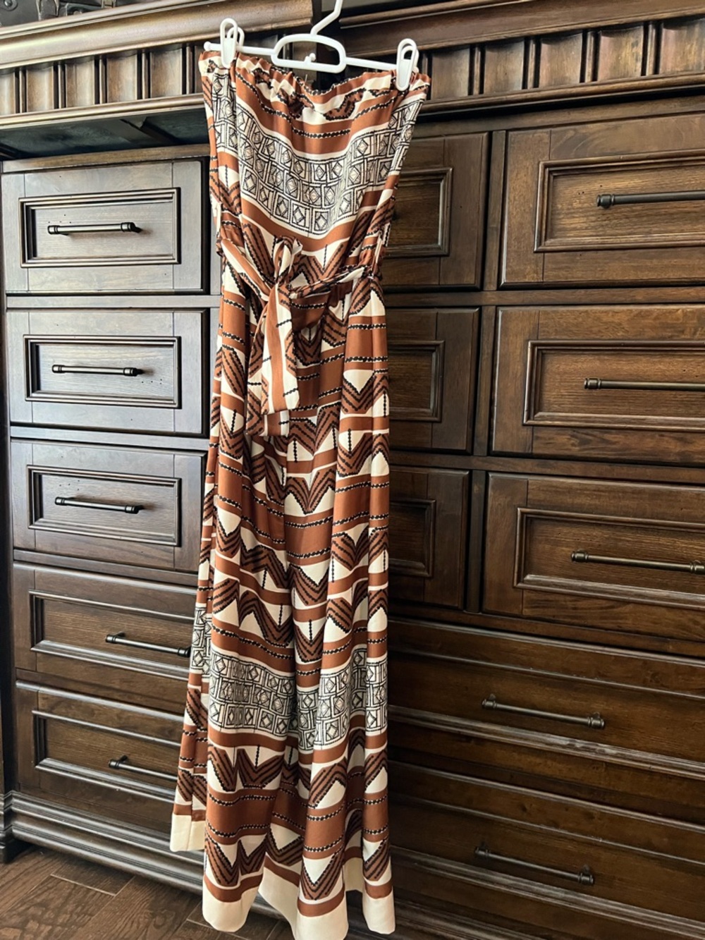 Brown Printed Strapless Jumpsuit with Self-Tie Waist